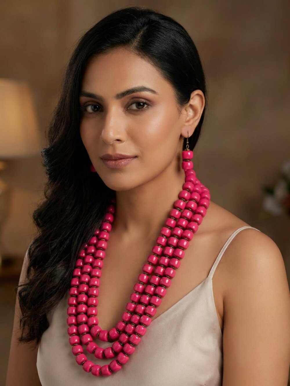 Hot Pink Triple-Strand Statement Necklace & Matching Drop Earrings – Bold Beaded
